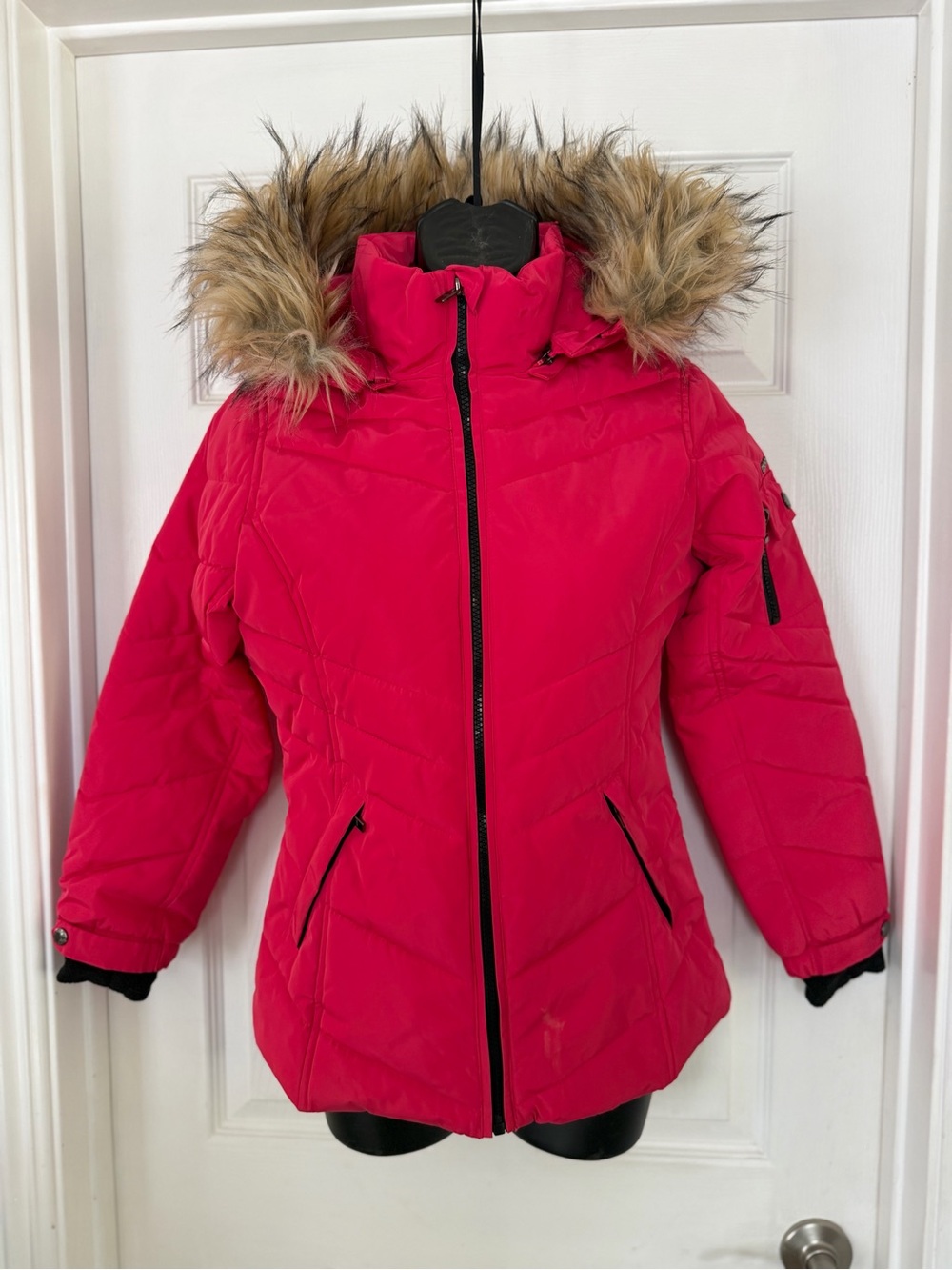 DKNY Pink Women's Hooded Puffer Coat with Faux Fur Trim
